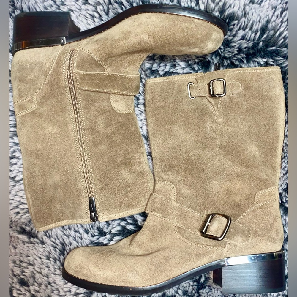 Vince Camuto Windy Motorcycle Mid-Calf Suede Boots with Buckles - Tuscan Taupe